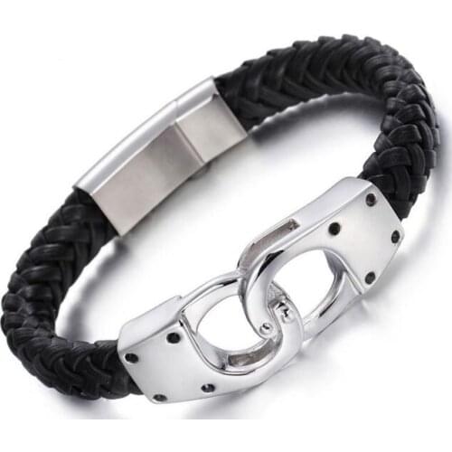 New Mens Genuine Black Leather Stainless Steel Handcuffs Bracelet Jewelry Family and friend Gifts 21mm 8.66