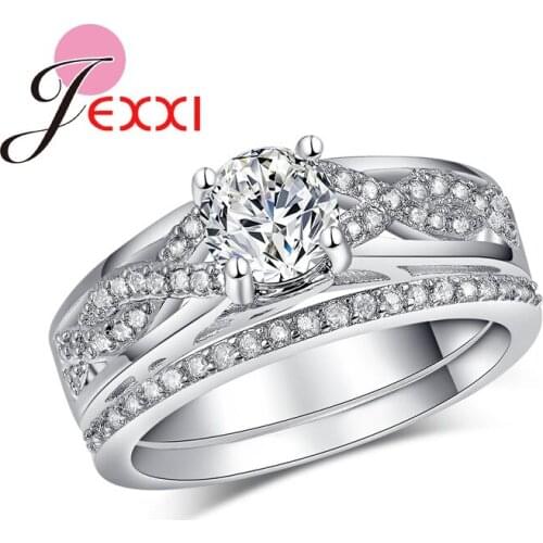 Charming Fashion Silver Cubic Zircon Crystal Wedding Engagement Ring Set For Women Statement Rings Accessory