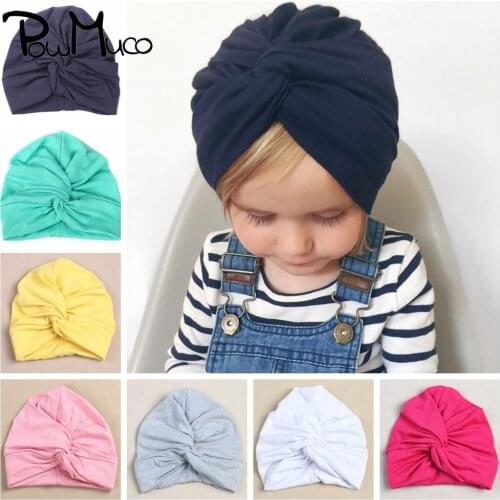 Powmuco 18*14.5 CM Solid Color Cotton Baby Girls Turban Caps High Quality Crossed Indian Hats Kids Headwear Newborn Photo Props