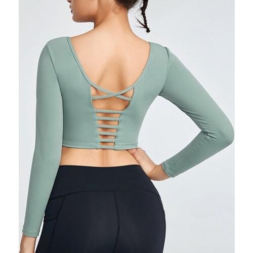 Solid Sport Women Fitness Crop Top Backless Cross Back Long Sleeve Yoga Shirts Workout Running Wear