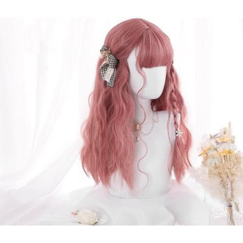 Pink Berry Lolita Wig Harajuku Fairy Princess Cosplay Bangs Curly Wavy Long Sweet Fringe Adult Girls Hair Casual Wear