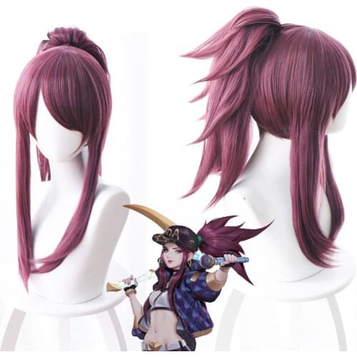 Game LOL K/DA Akali Cosplay Wigs LOL KDA Akali Cosplay Costume Purple Synthetic Wig Hair Halloween Carnival wigs Prop + Wig Cap