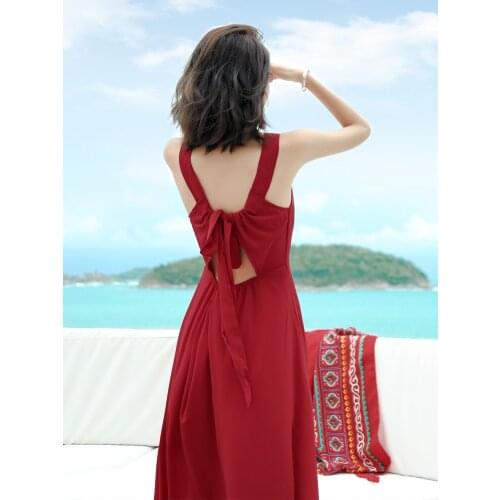 Bali Beach Skirt Beach Skirt Womens Super Fairy Beach Resort Sexy Backless Wine Red Suspender Dress