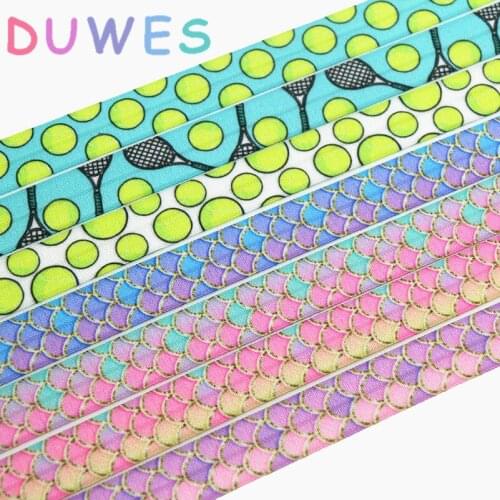 DUWES 5/8'' 50yards tennis mermaid fish scale printed Fold Elastic FOE stretch ribbon hairbow headwear headband Wholesale D970