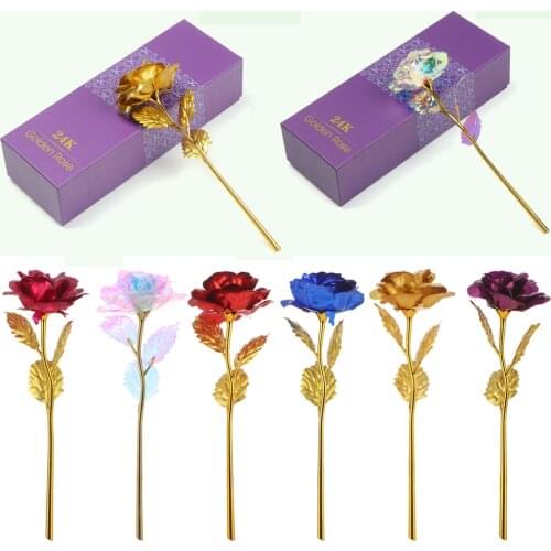 Romantic Rose Flower Eternal 24K Gold Foil Plated Flower With Dipped Long Stem For Christmas Valentines Day Gift Wedding Decor