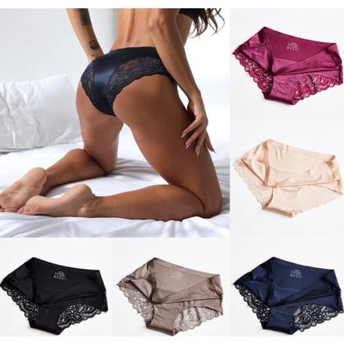 Sexy Women Lace Side Underwear Seamless Breathable Hollow Briefs Solid Color Ladies Ice Silk Low Rise Lingerie Sexy Underwear