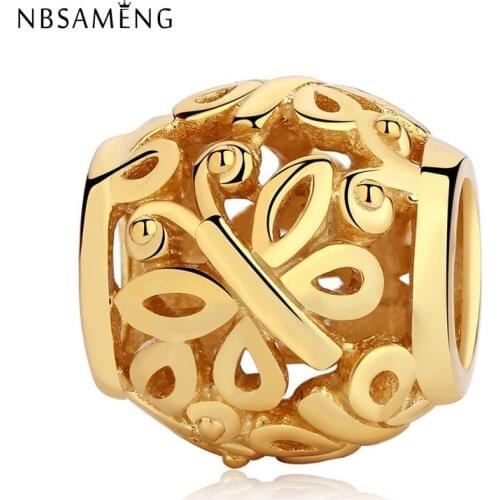 Original 100% 925 Sterling Silver Bead Charm Butterfly Garden Charms Openwork Gold Fit Bracelets Women Diy Jewelry