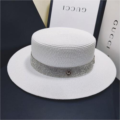 Sun Hat Artificial Diamond Belt Straw Hat Retro Gold Braided Hat Female Loose Sunscreen Sunshade Flat Cap Visors Hats Church Hat