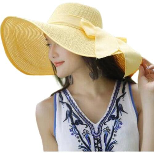 Women Summer Hoilday Big Brim Straw Hat Sun Wide Brim Hats Bowknot Folding Beach Cap Sun Protection Casual Cap Gorro Casquette