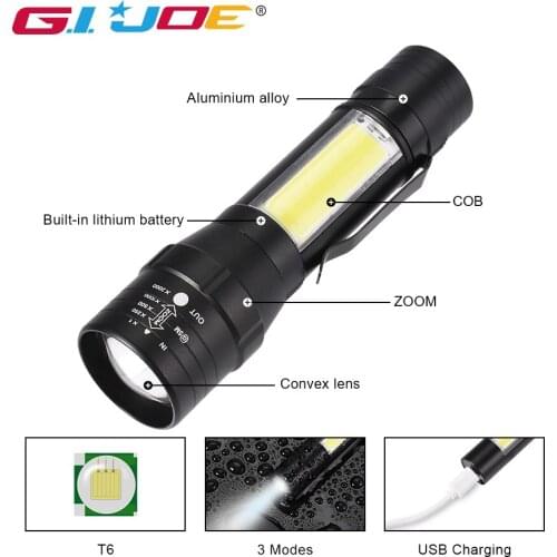 T6 Led Flashlight ZoomTorch USB Rechargeable Table Lamp 3 Modes Protable Flash Light Outdoor Waterproof Light With Hook Clip