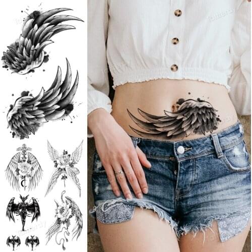 Angel wing temporary tattoo for women body art waist arm tattoo sleeve black waterproof fake tatoo sticker feather flower cross