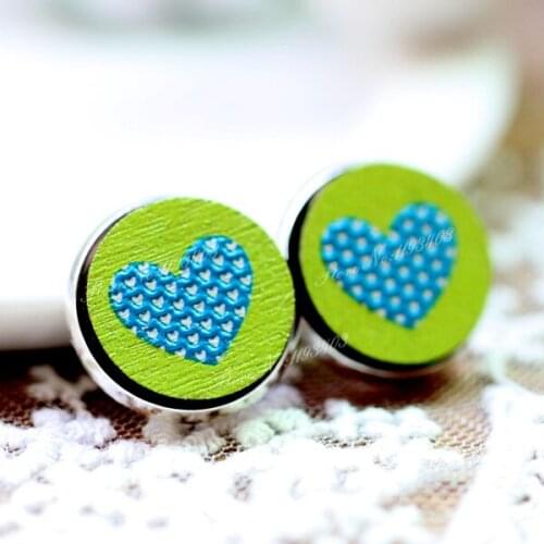 Unique 3D Heart Embossed 16mm Round Coloured Drawing pattern Laser Cut wood Cabochon DIY for Rings, Earring,Brooch,Necklace
