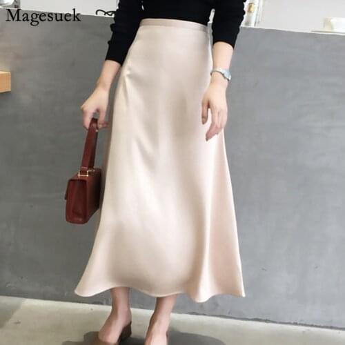 Fashion Elegant Women Skirt 2021 Autumn Slim Plain Skirt Shiny Vintage Skirts Womens Solid High Waist Long Skirts For Women 9645