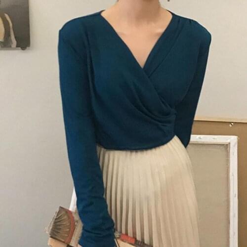 Women Fashion Top T-Shirt Solid Color Deep V Neck Long Sleeve Knitted Blouse Pullovers