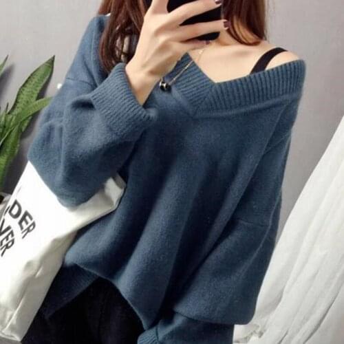 2021 Autumn and Winter Tops Knitted Sweater Women Korean Loose Pullover Oversize V-neck Bottoming Sweater Long Sleeve 16323
