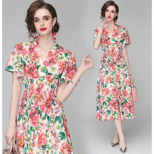 Women Butterfly Sleeve V-Neck Ruffles Flower Print High Elastic Waist Midi Boho Beach Vestidos Summer Floral Bohemia Dress 9121