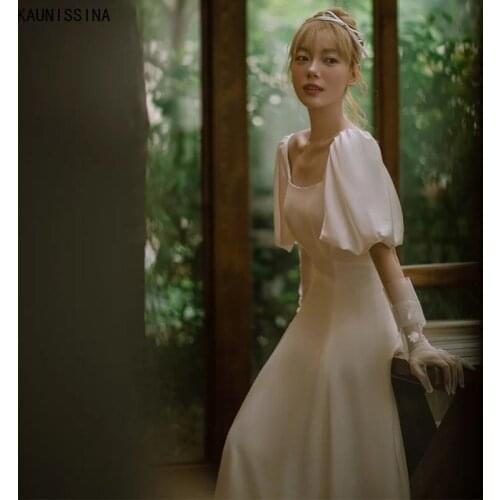 KAUNISSINA Square Collar Elegant Marriage Dress for Bride Puff Sleeve Beige Long Wedding Gowns A-Line Cheap Bridal Robe Vestidos