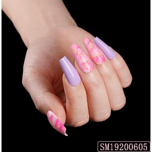 24pcs Nail Stickers New Product Pink Blooming Three-dimensional Gold Silk Boxed Fake Nail Stickers European and American Style