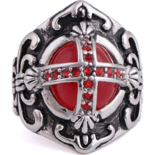 316L Stainless Steel Casting Old Cross Style Large Red Stones Men Ring