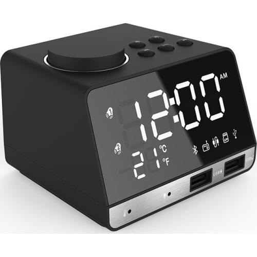 LED Digital Dual Alarm Mirror Clock bluetooth Bass Speaker FM Radio 2 USB Charger Ports Music Player Snooze Temperature