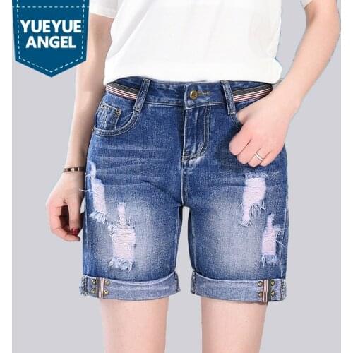 New Women Summer Blue Denim Shorts Lady Ripped Hole Jean Shorts Fashion Casual Loose Fit Shorts Female Plus Size Streetwear