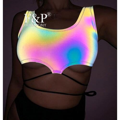 Holographic Reflective Rainbow Strappy Bralette Dancer Rave Top Burning Man Festival Top Carnival Costume Gogo Pole Dance Wear