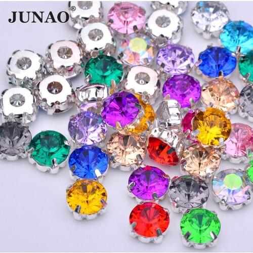 JUNAO 10mm Colorful Sewing Claw Rhinestones Applique Flatback Round Acrylic Gems Sew On Strass Crystal For Needlework Clothing