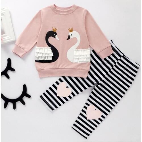 PatPat 2021 New Spring and Autumn Baby Soft Swan Print Long Sleeve Top for and Striped Pants Set Toddler Girl