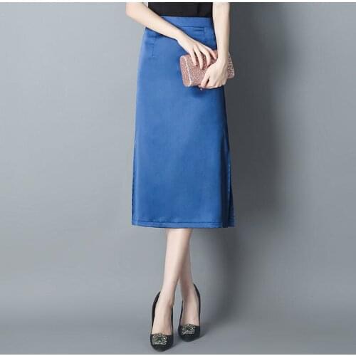 Summer Silk Midi Skirts Womens Korean England Style Satin Office Lady Simple Solid Skirts Black Loose Skirts
