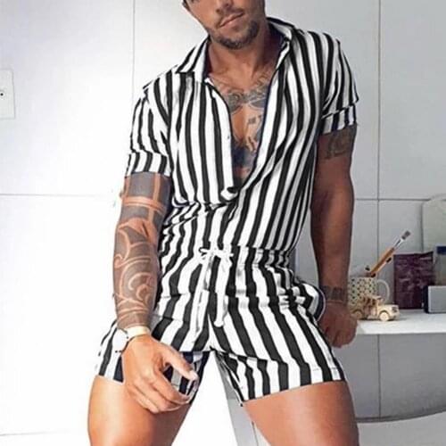 Fashion Men Pajamas Jumpsuit Homewear Blue Stripe Short Sleeve Cotton Button Leisure Sleepwear Men Rompers Nightwear S-5XL