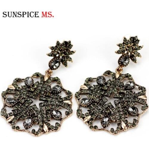 Sunspicems Fashion Antique Gold Big Drop Earrings Bohemia Women Gray Crystal Flower Vintage Wedding Accessories Turkish Jewelry