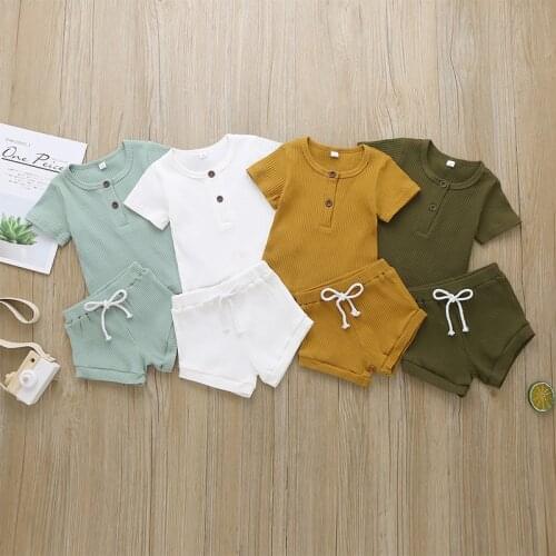 Newborn Baby Girl Boy Clothes Set 2021 New Summer Cotton Solid Short Sleeves Tops+Elastic Shorts 2PCS Baby Outfits