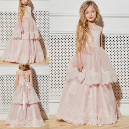 Beach Bead Girls Pageant Dresses Lace Appliques Kids Wedding Gowns A Line Flower Girls Dress With 3d Floral