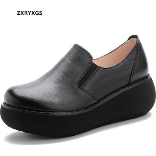Promotion 100% Genuine Leather Shoes Platform Increase Shoes Woman Wedges High Heels 2021 New Comfortable Casual Trendy Shoes