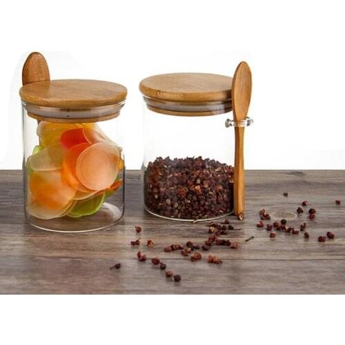 Sugar Bowl with Bamboo Lid and Spoon Clear Glass Canister Jar for Kitchen Storag R9UC