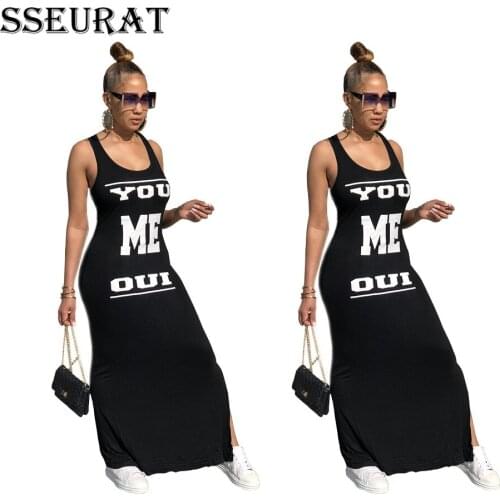 SSEURAT 2021 Women Summer Fashion Dress Long Maxi Dress O-Neck Letter Print Sexy Bandage Night Club Party Dresses Vestido