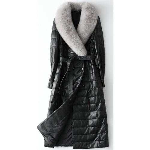 Black High Quality Classic Sheepskin Fox Fur Collar Coat Autumn and Winter Fashion New Leather Down Jacket Womens Long Outwear