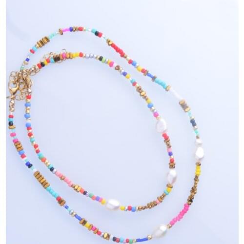 Summer bohemian boho OCEAN DRIVE choker bead NECKLACE SET women MULTICOLORED BEADS FRESH WATER BAROQUE PEARLS layered necklace