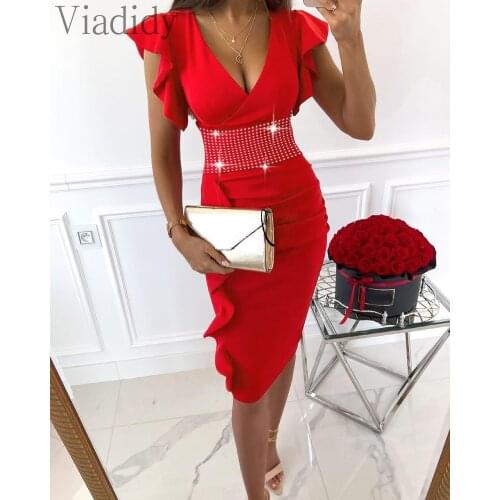 Women Elegant Studded Deep V-neck Bodycon Ruffles Design Straight Dress