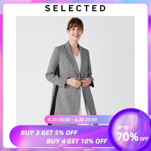 SELECTED Womens Mid-length Loose Fit Houndstooth Spliced Coat S|419321512