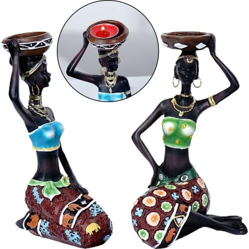 2Pack Candleholder African Figurines Women Decorative Sculptures Candle Holder for Dining Room Tribal Lady Statue for Home Decor