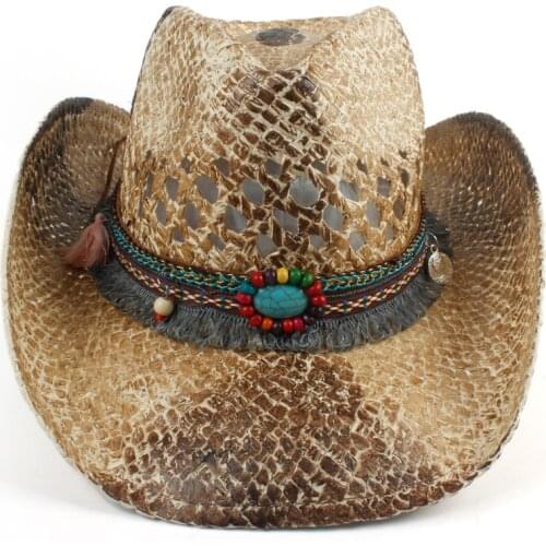 2019 Fashion Bohemia Women Hollow Western Cowboy Hat Lady Handmade Straw Fascinator Sombrero Hombre Straw Cowgirl Jazz Sun Caps
