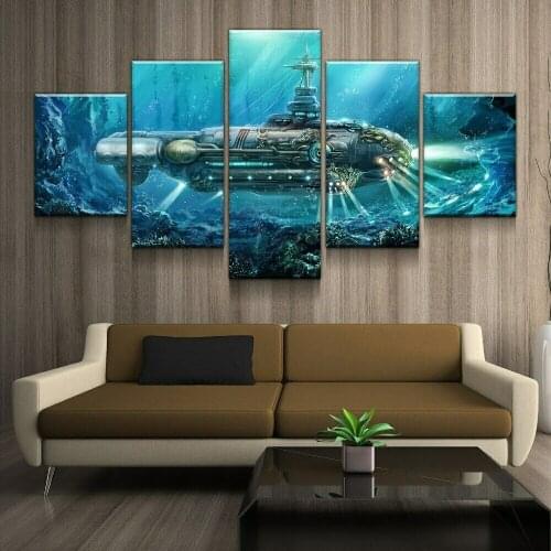 No Framed Submarine Light Steampunk Submarine 5 Panel Canvas Picture Print Wall Art Canvas Painting Wall Decor for Living Room