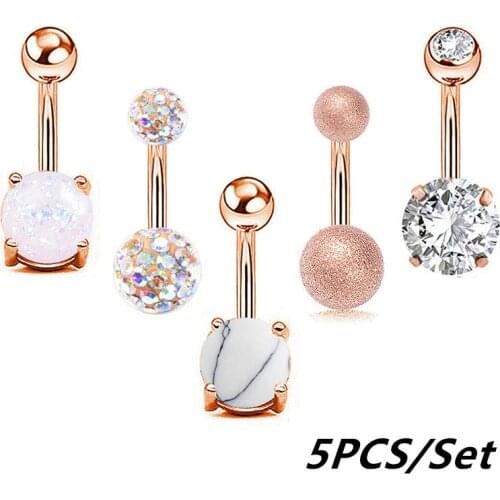 5Pcs/set Belly Piercing Women Belly Button Rings Rose Gold Medical Steel Rhinestone Sexy Belly Navel Piercing Ombligo