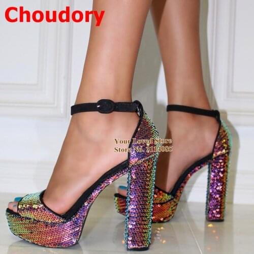 Choudory Hologram Iridescent Bling Bling Sequined Sandals Chunky Heel Platform Paillette Glitter Wedding Shoes Dress Pumps 46