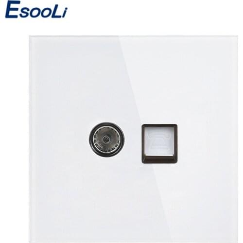 Esooli White Luxury Crystal Tempered Glass Panel RJ11 Tel Jack Telephone With TV Outlet Wall Data Computer Socket