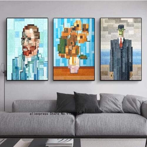 Van Gogh Sunflower Pixel Mosaic Canvas Paintings Abstract WaterColor Posters Prints Wall Art for Living Room Wall Decor Cuadros