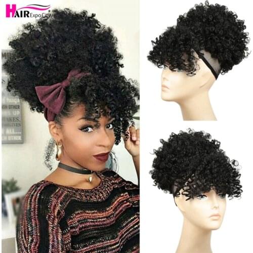 Short Kinky Curly Chignon With Bangs Synthetic Hair Bun Drawstring Ponytail Afro Puff Hair pieces For Women Clip Hair Extension