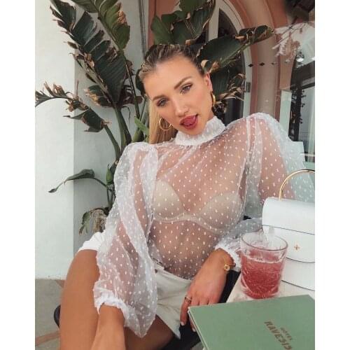 Sweet Girl Summer Loose Beach Shirt Women Blouse Sheer Mesh Puff Sleeve Shirts Polka Dot Black White Shirts Back Bow Blouses