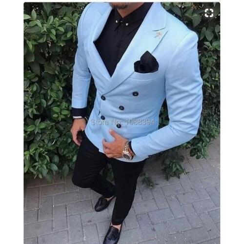 Latest Coat Pant Designs Casual Gentleman Double Breasted Men Suits Sky Blue Jacket Beach Wedding Suits Mens Groom Tuxedos